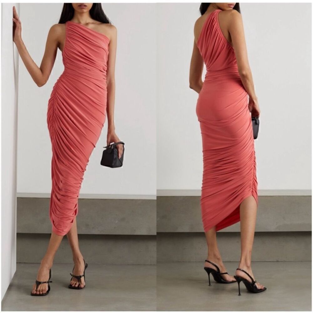 Norma Kamali Women’s Ruched Diane Draped One Shoulder Midi Dress in the Color Pa